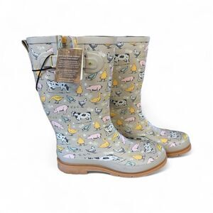 Western Chief Farmhouse Animal Rain Boots Taupe Women’s 10 Tall Duck Pig Cow